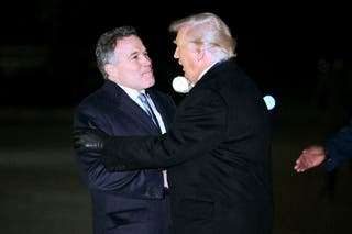 President Donald Trump greets Senator Dave McCormick, a Pennsylvania Republican, upon arrival at Wilkes-Barre Scranton International Airport in Avoca on Tuesday